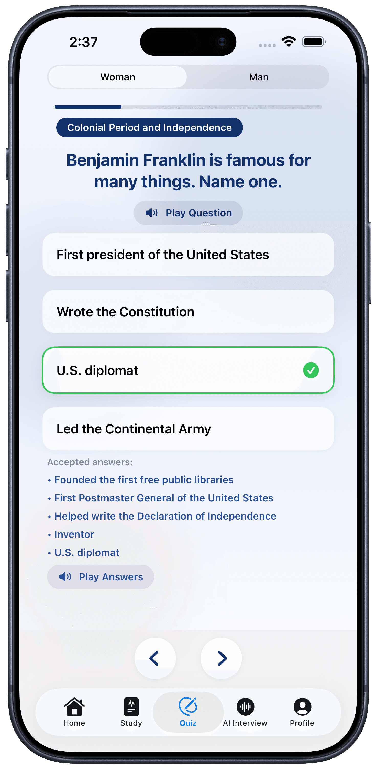 CitizenPrep AI quiz mode screen